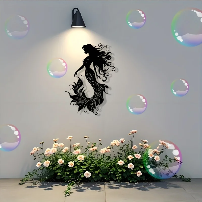 Flat Mermaid Metal Wall Art, Laser‑Cut Iron Silhouette, Powder‑Coated Rust‑Resistant Black Ocean‑Themed Wall Decor