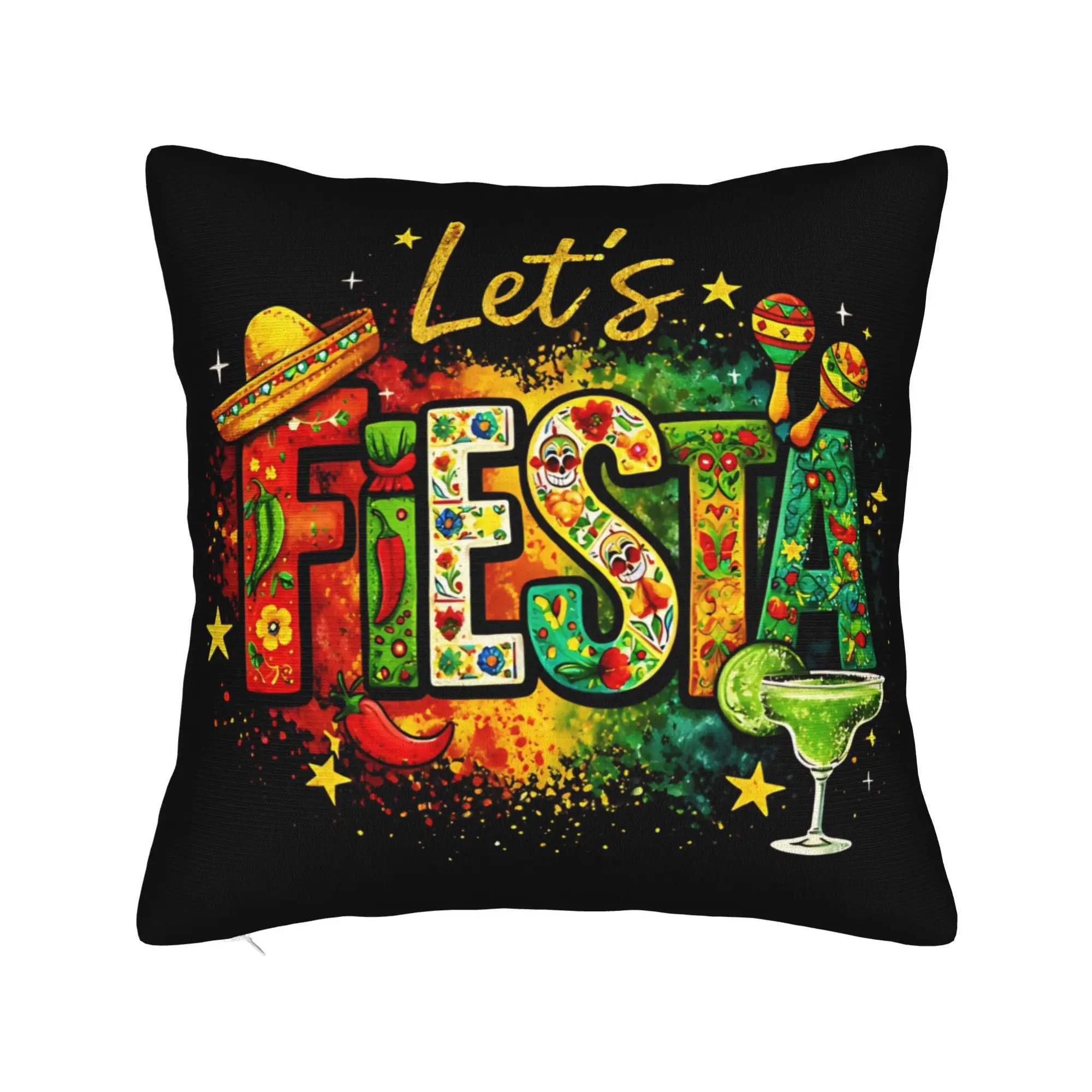 Let's FIESTA Party Printed Pillow Case Mexican Amigo Cinco De Mayo Sombrero Funny Pillow Cover Comfy For Living Room Chair