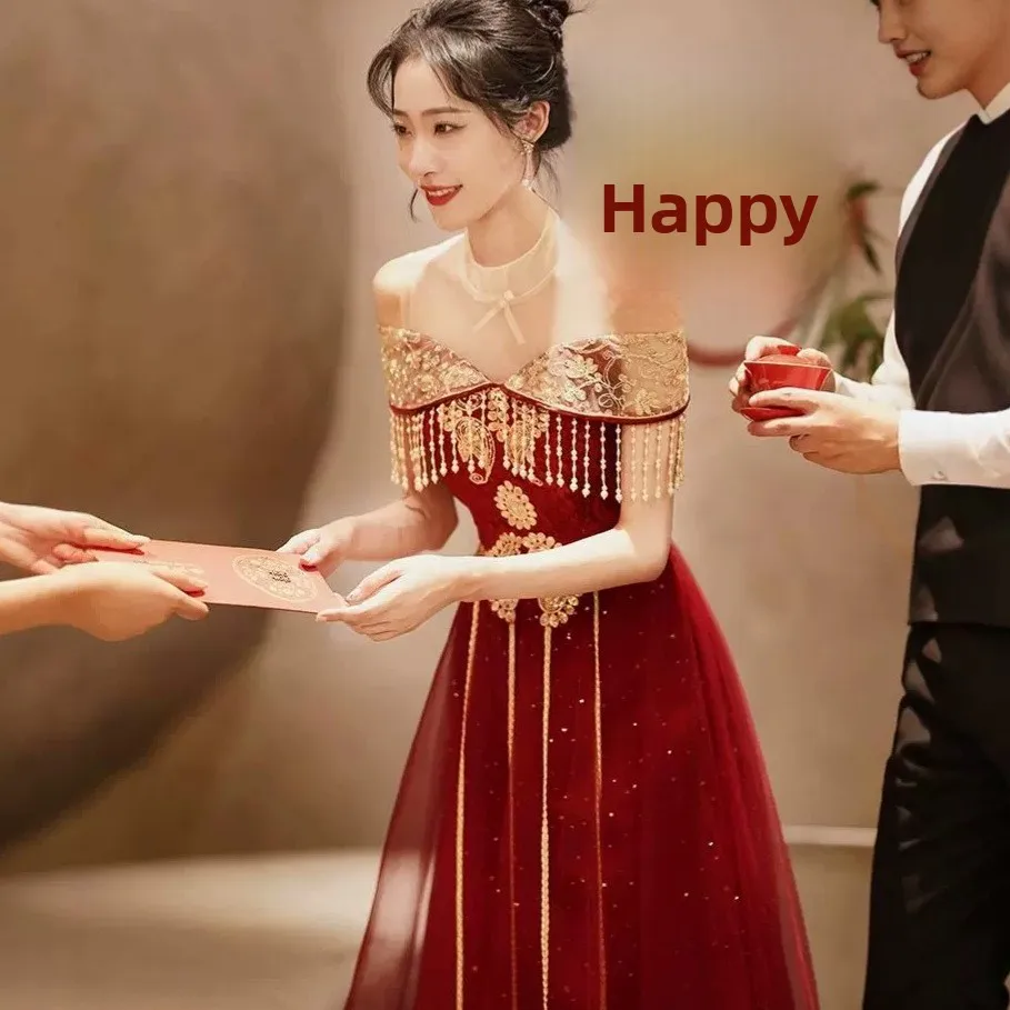 

Red Wedding Dr Women's Sle Faion Mid-Waist Slim Fit Ceremony Dr for Marriage Wedding Celebration Performance