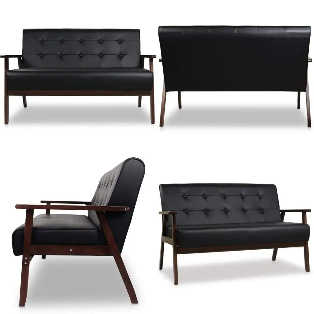 

Mid-Century Modern 2-Seat Faux Leather Loveseat Sofa with Wood Arms for Living Room or Outdoor Lounge