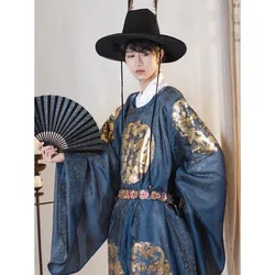 LiuYanXiLeng Navy Blue Ming Dynasty Round Neck Short Shirt Dragon Hanfu CP Men Round Neck Long Robe Cosplay Samurai Hat Suit