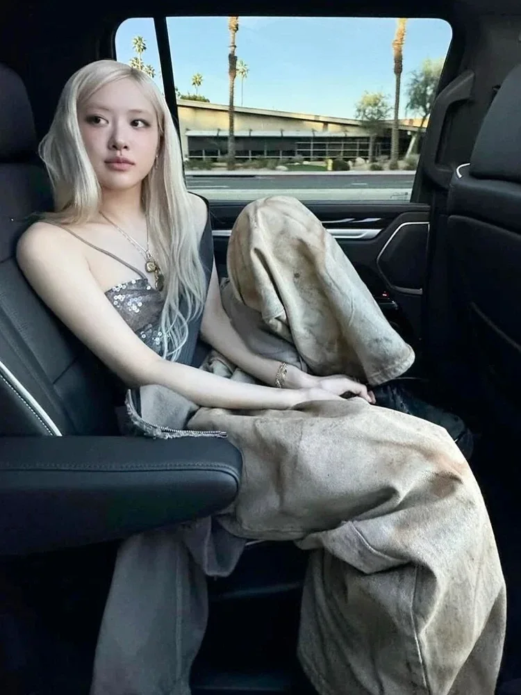 

Hand-Painted Vintage Denim Pants High Waist Loose Fit Spring Season Non-Stretch Chinese Production Youth Collection