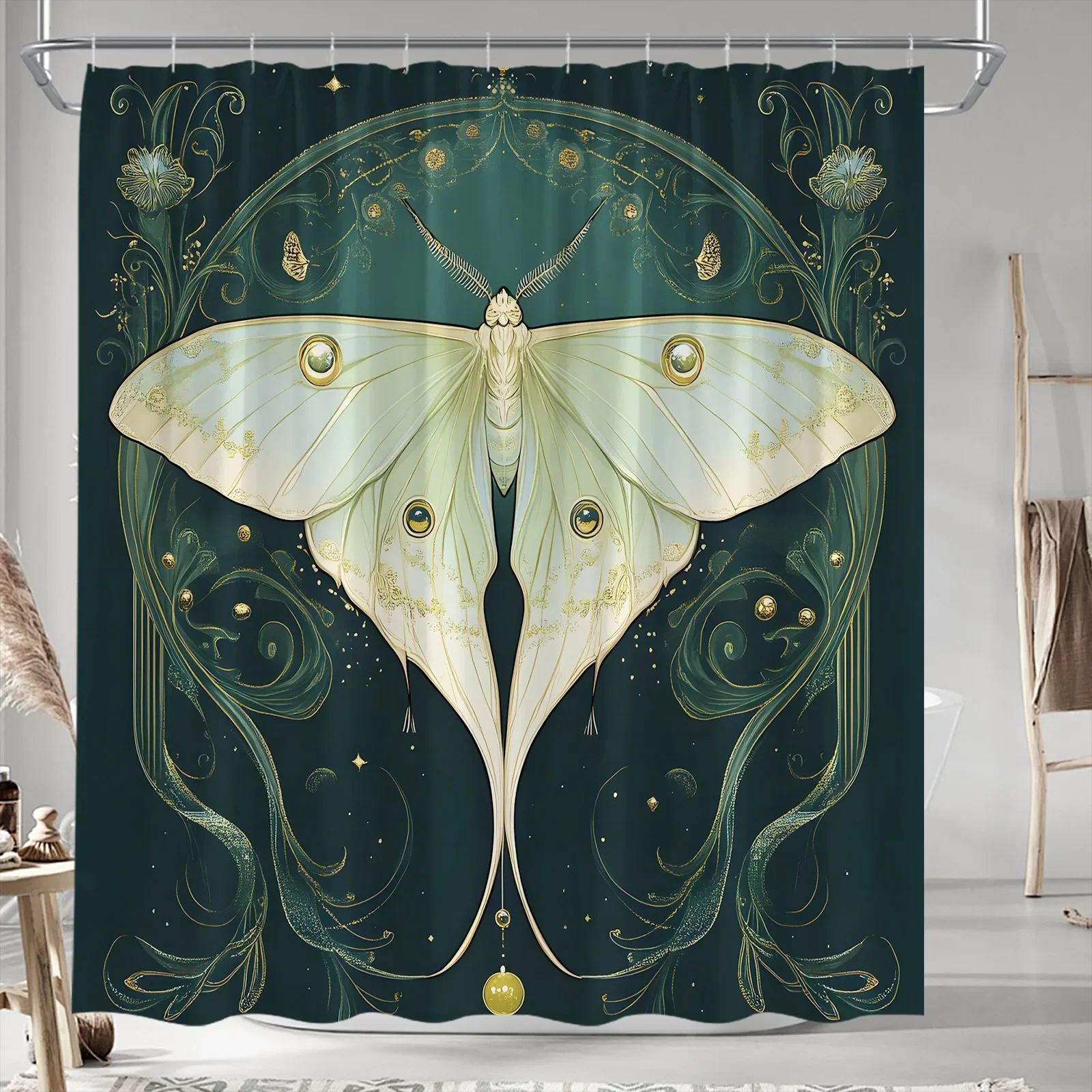Art Nouveau Moth Shower Curtain - Light Green, Golden Patterns & Eyespots, Polyester, Machine Washable, 12 Hooks, Bath Decor