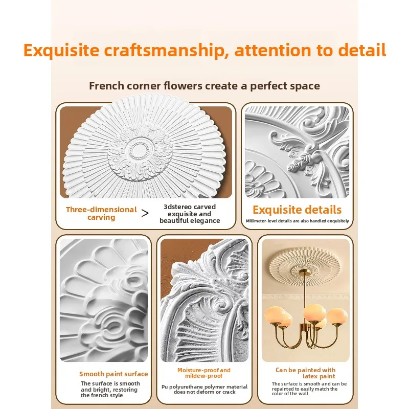 PU Light Panel French Ceiling Ceiling Light Panel Base Middle Ancient Style Engraved Simple Plaster Light Panel Retro Round