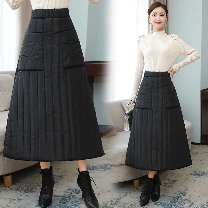 Down Cotton One Piece Skirts Casual A-line Y2k Faldas Women Clothing Autumn Winter Casual Windbreak Mid Long Skirt Elastic Waist