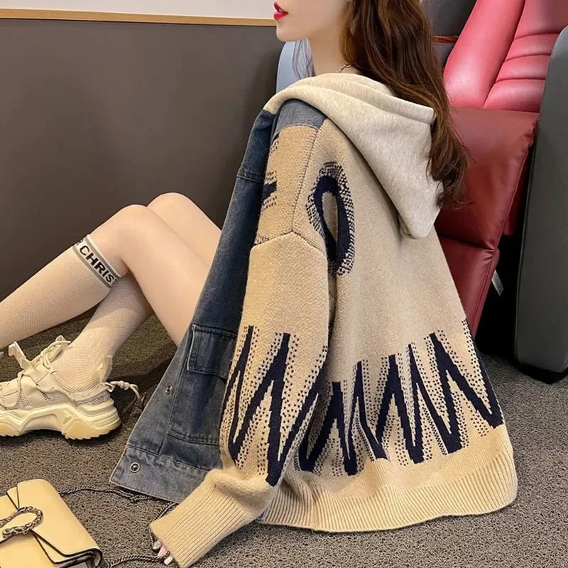 New Sweater Hooded Denim Stitching Sweater Women's Autumn and Winter Thickened Outer Wear Loose Knitted Cardigan Coat M446