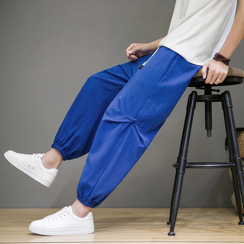 

Мужские летние тонкие свободные брюки-харем из ледяного шелка, быстросохнущие, повседневные, в стиле Харадзюку, свободного кроя, с эластичным поясом, укороченные (длиной 7/8)