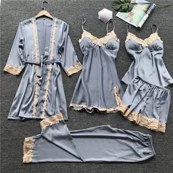 5 pezzi pigiama di seta set donna raso pigiameria accappatoio pantaloni accappatoio Lingerie pizzo di alta qualità seta ghiaccio Comfort primavera estate