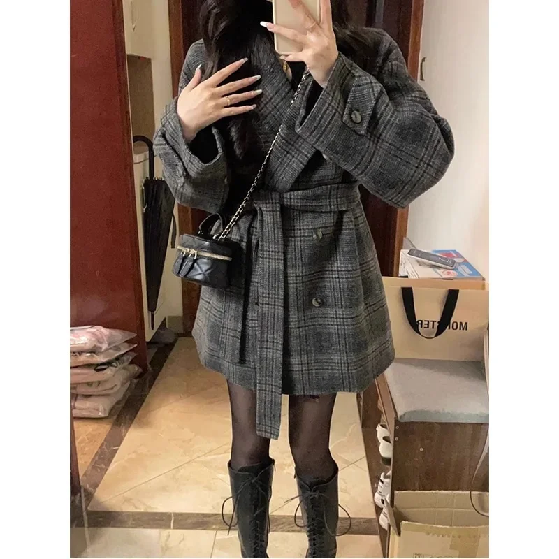 

Short woolen coat women's 2024 new autumn and winter plaid woolen coat high-end thickened suit Korean