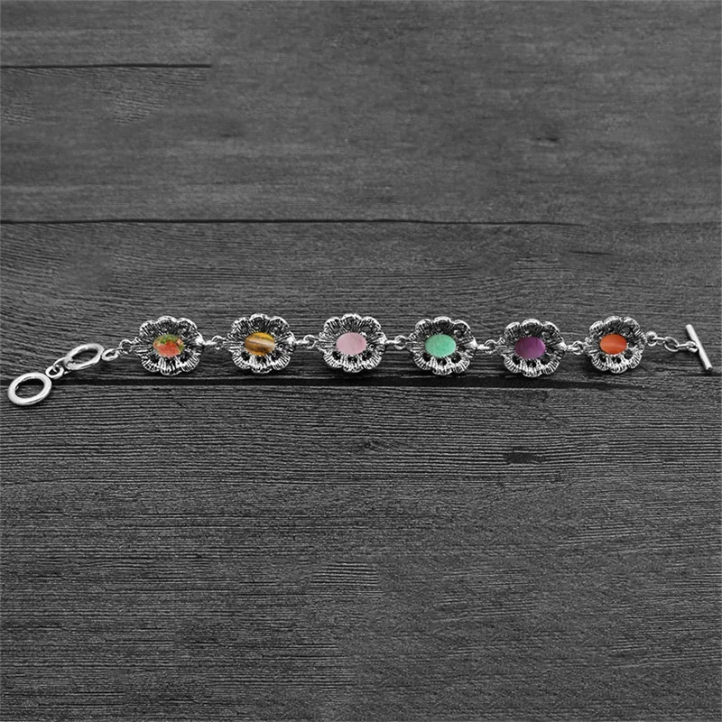 Oval Colorful Natural Stone Flower Bracelet For Women Tibetan Silver Plated 6 Chakra Stone Tiger Eye Jades Quartz Agate Bracelet