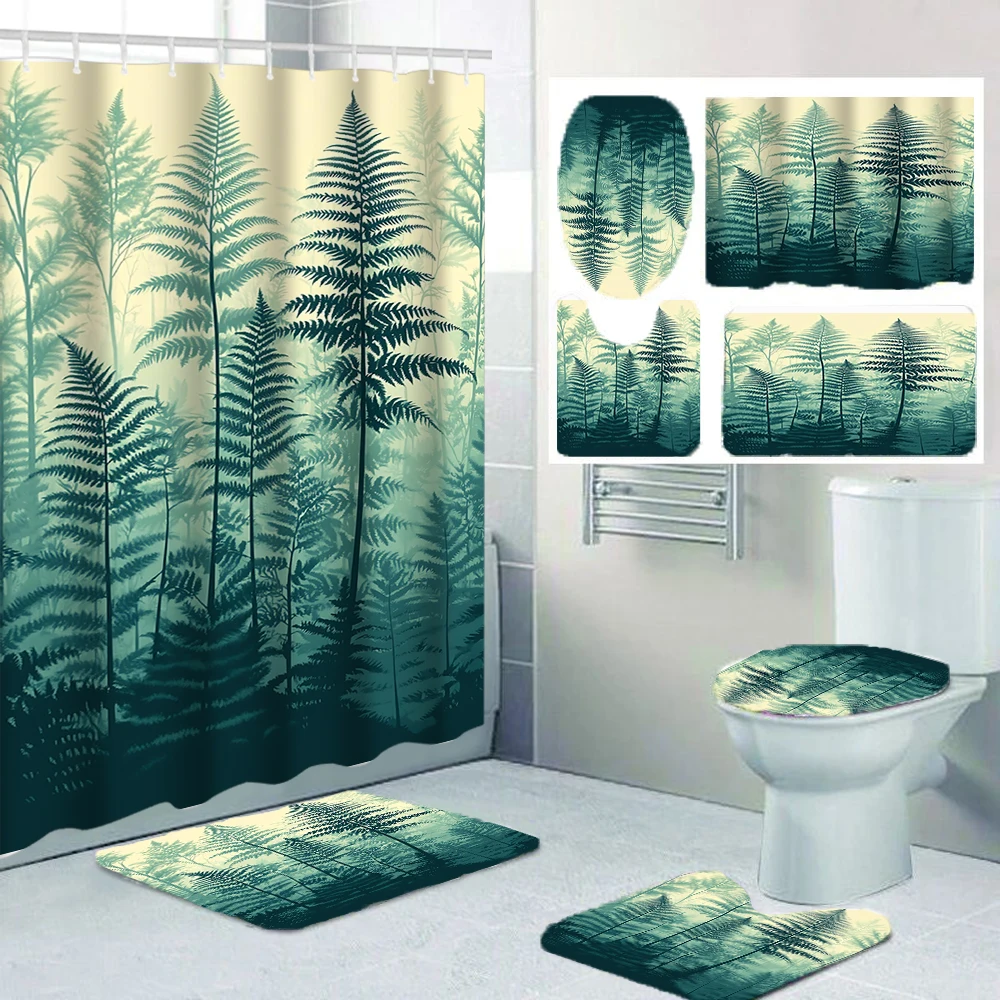 4-piece set of needle leaf forest geometric pattern bathroom decoration, including shower curtain, bath mat, U-shaped floor mat,