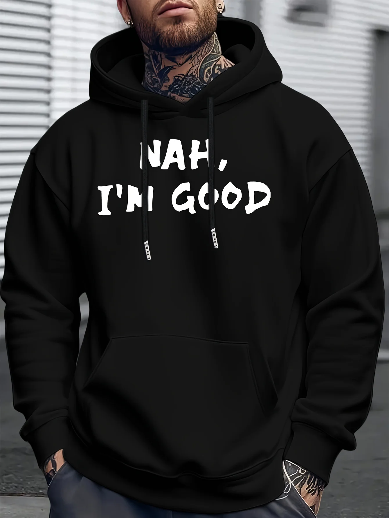Men's Casual Graphic Hoodie - a Black Pullover with Striking White Lettering, Drawstring Hood, and Front Design, Perfect for Winter and Everyday Wear