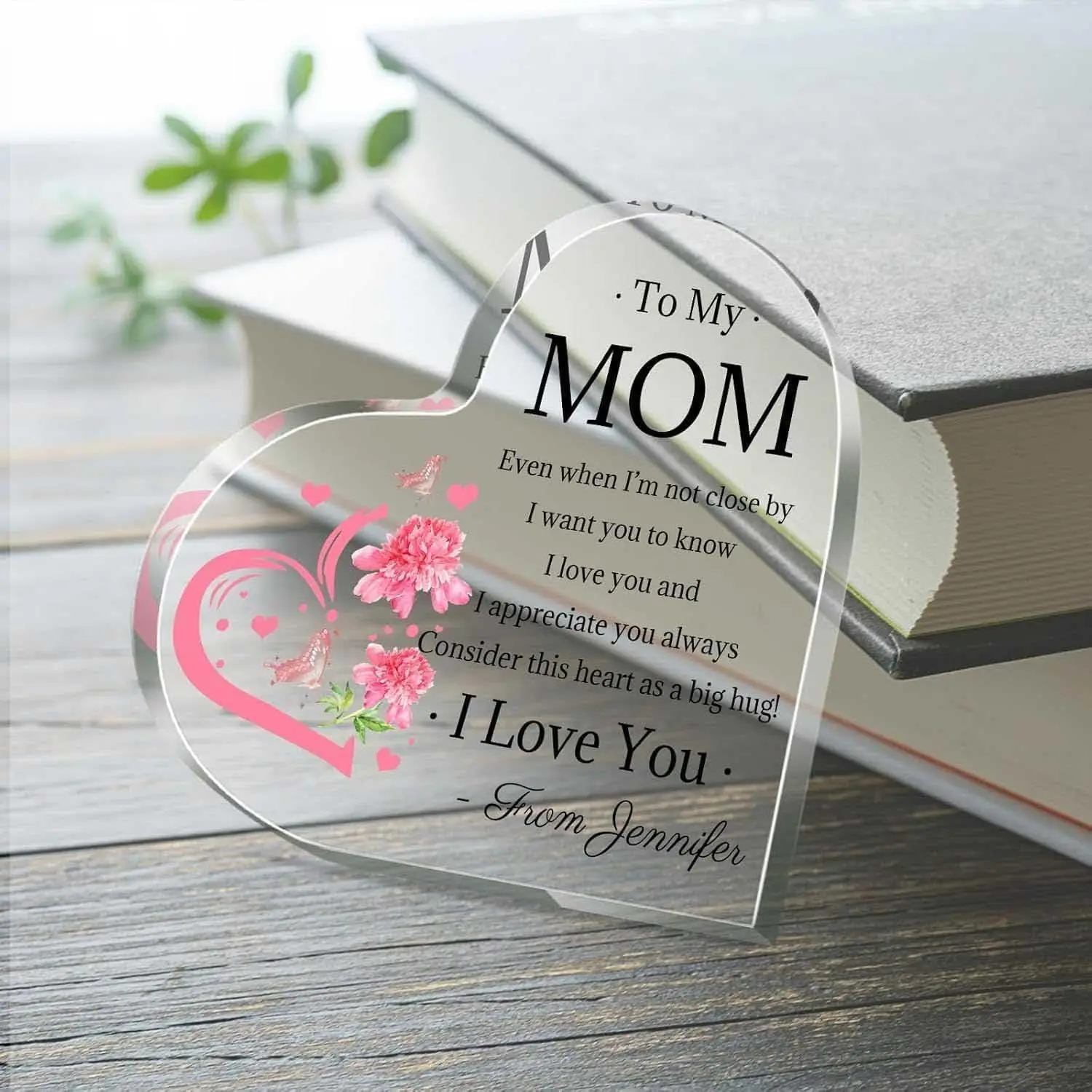 Heart‑Shaped Acrylic Plaque Custom Name To My Mom Pink Peony Butterfly Big Hug Freestanding Sentimental Keepsake Gift
