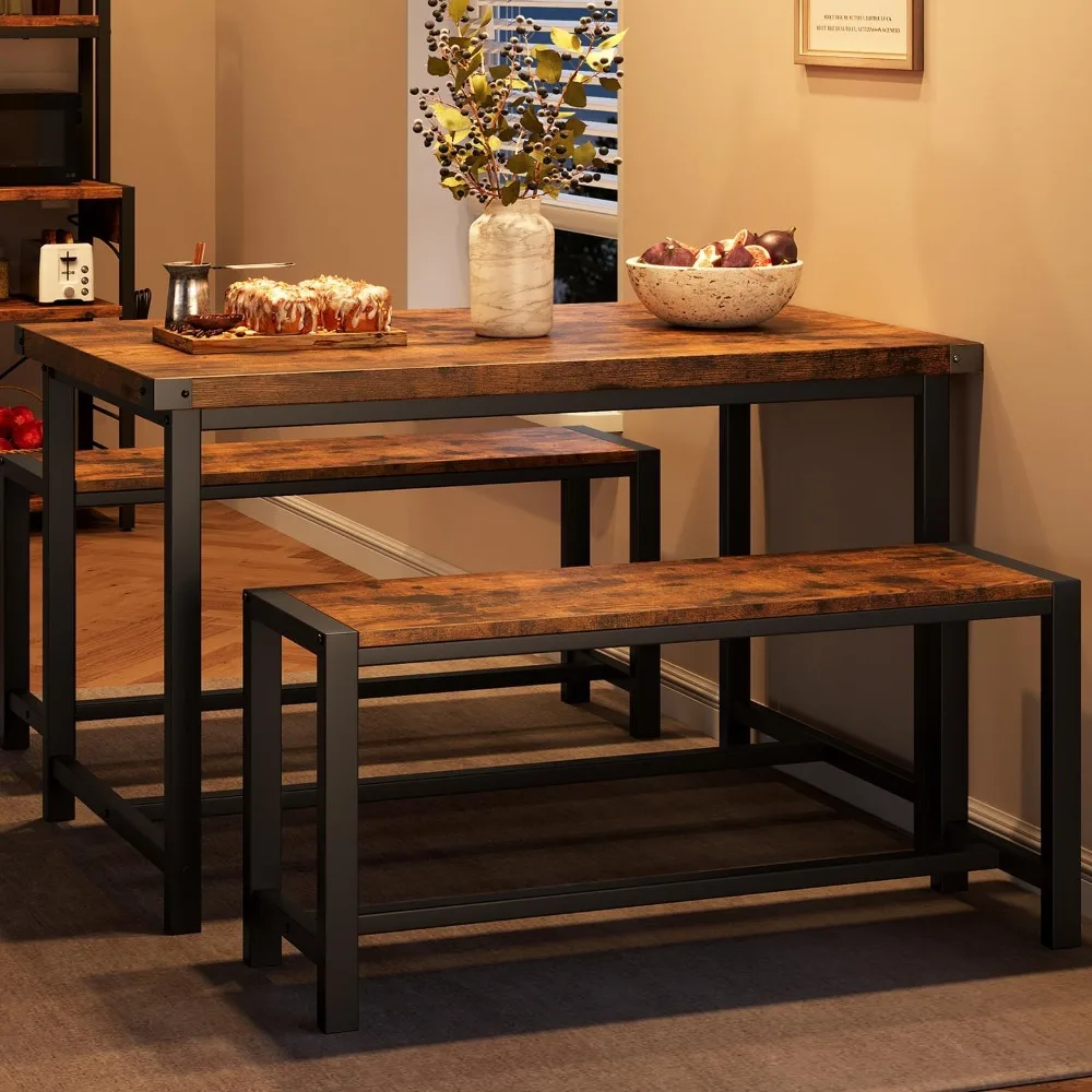 

Dining Table Set for 4, Rectangular Dining Room Table Set with 2 Metal Wood Benches, 3 Piece Dining Table Set for Small Space