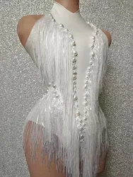 Rhinestones Sequins Tassel Leotard Women Nightclub Outfit Singer Dancer Costume Stage Wear Sexy birthday photoshoot Bodysuit