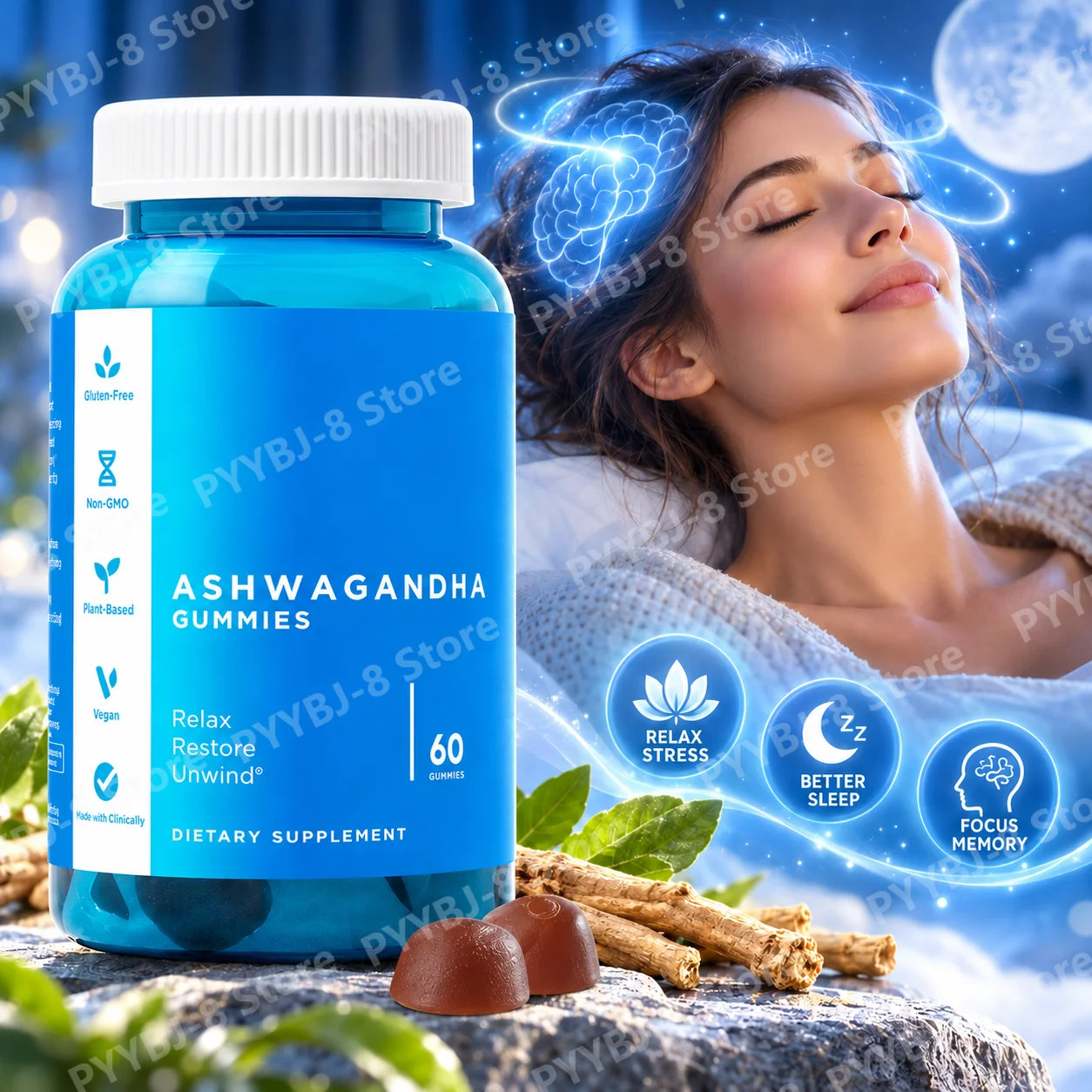 Ashwagandha Gummies,Relieve Stress,Boost Calm Mood,Improve Sleep Quality,Support Focus&Memory,Enhance Physical Endurance,60Count