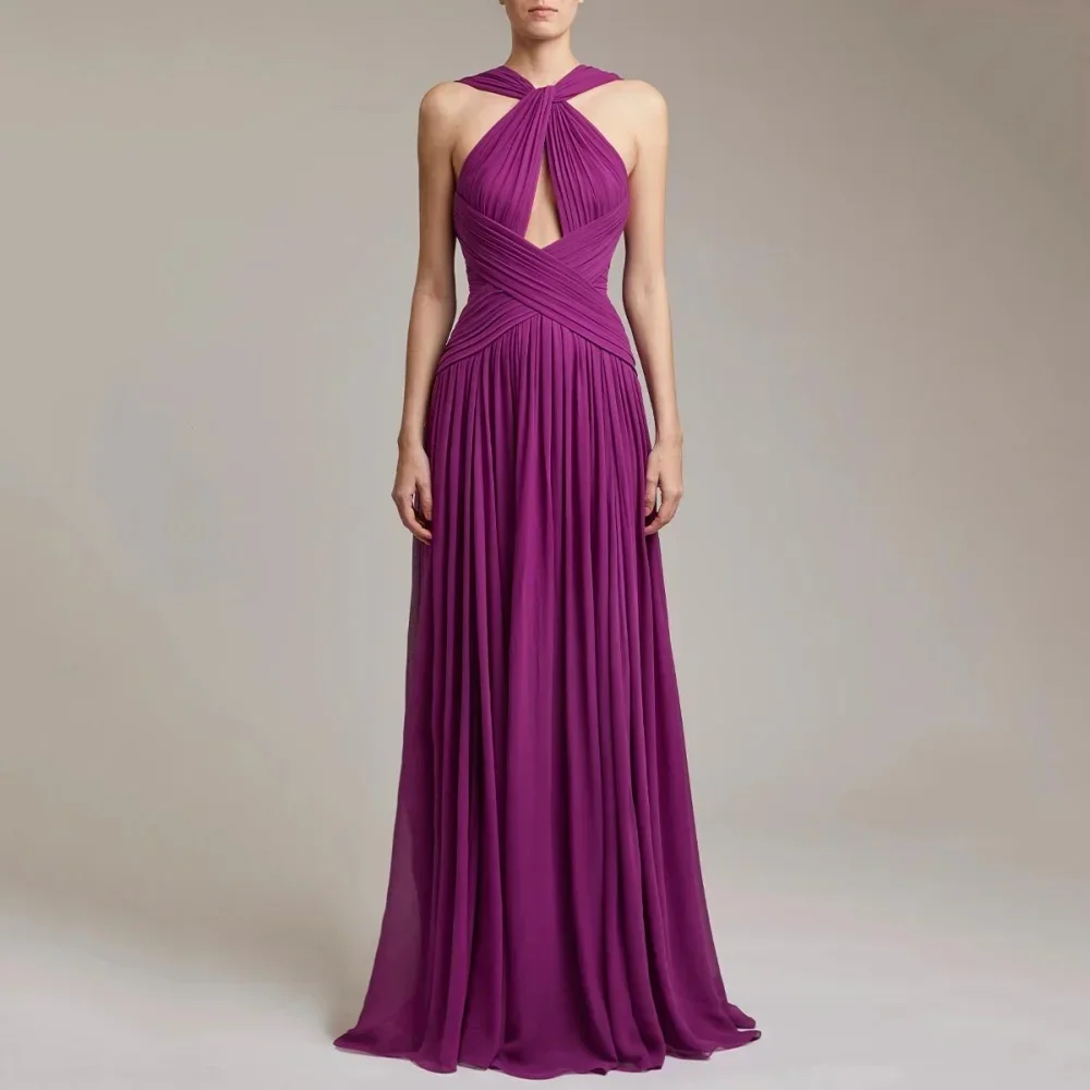 

Customized Retro Chiffon Pleat Criss-Cross A-line Halter Long Dresses Bespoke Occasion Dresses Formal Sizes Available Exquisite