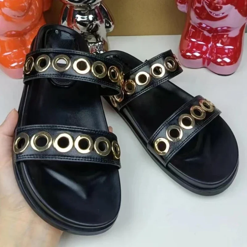 Black Platform Slippers for Woman Fashion Metal Circle Thick Sole Outdoor Slides Female Casual Walking Flat Summer Beach Shoes