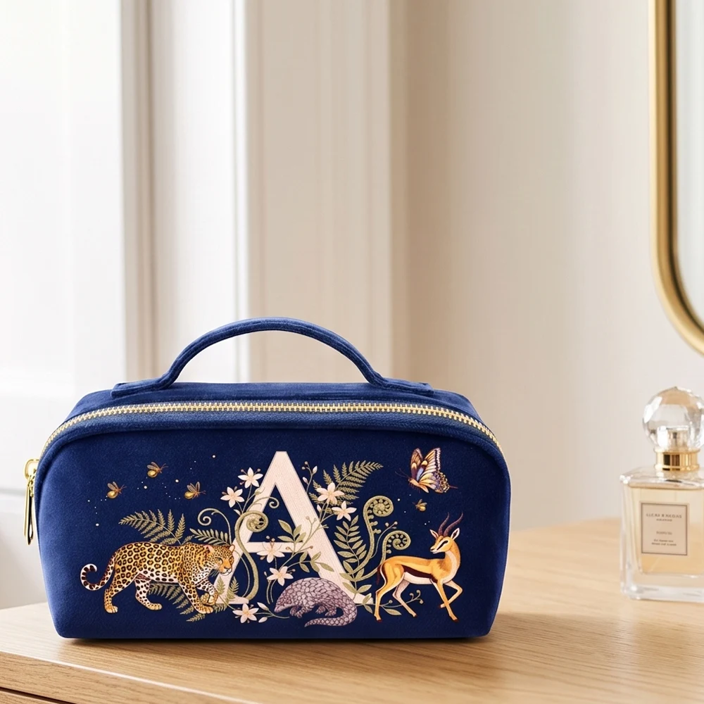 Navy Blue Velvet Cosmetic Bag Imitation Embroidery Letter Imitation Embroidery Style Makeup Velvet Pouch Vintage Design