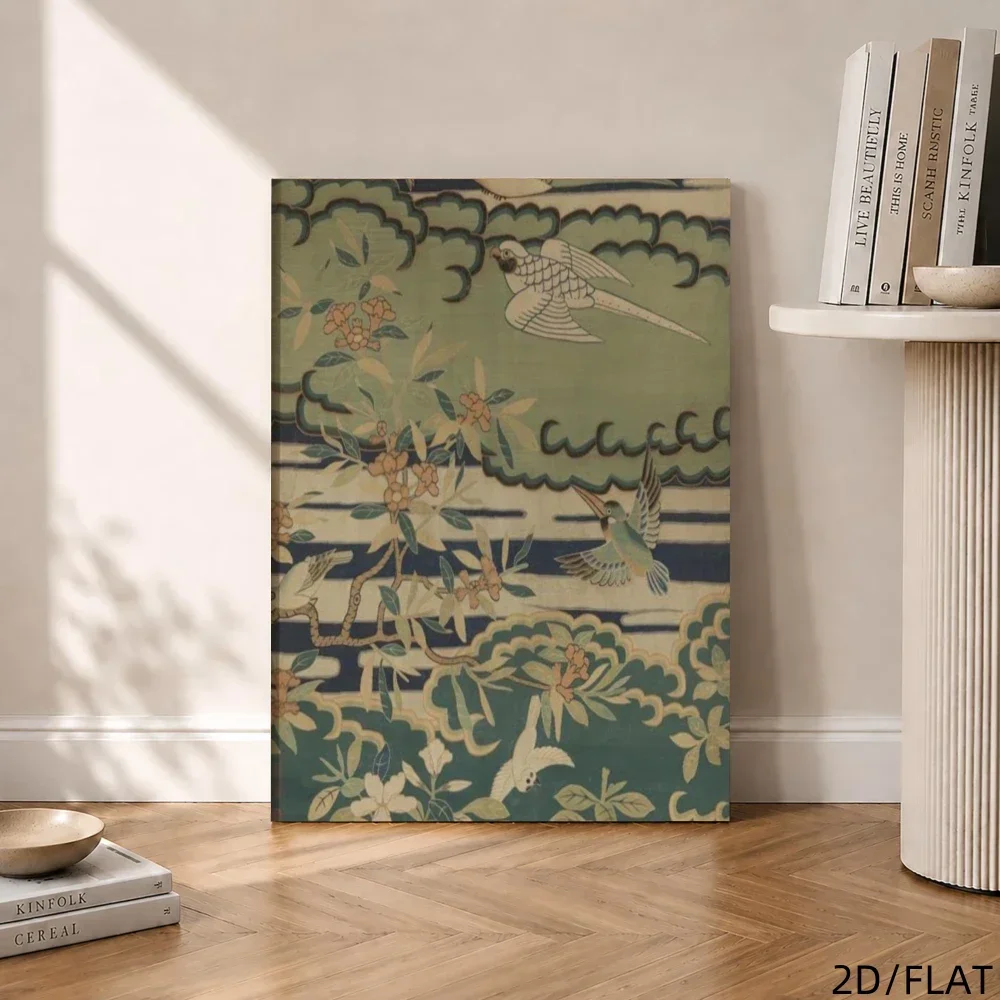Vintage Ukiyo‑e Wall Art, Green Background Bird & Floral Print, Wooden Framed Decor Painting for Living Room Bedroom Study