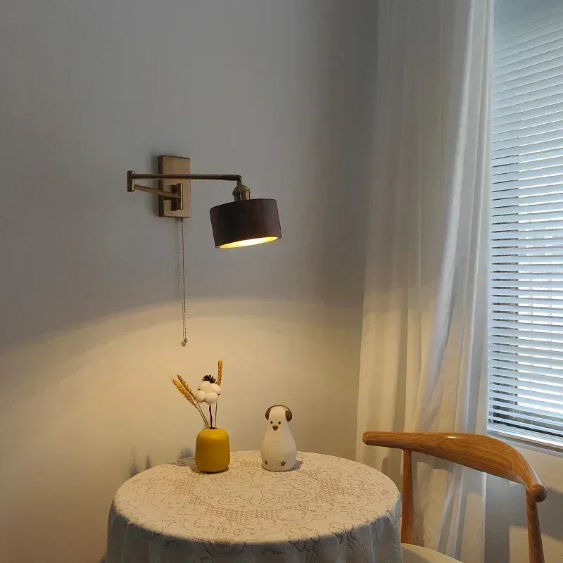 

Modern LED Wall Sconce Wooden Fixtures Pull Chain Switch Left Right Rotate UP and Down for Bedroom Beside Wand Lamp