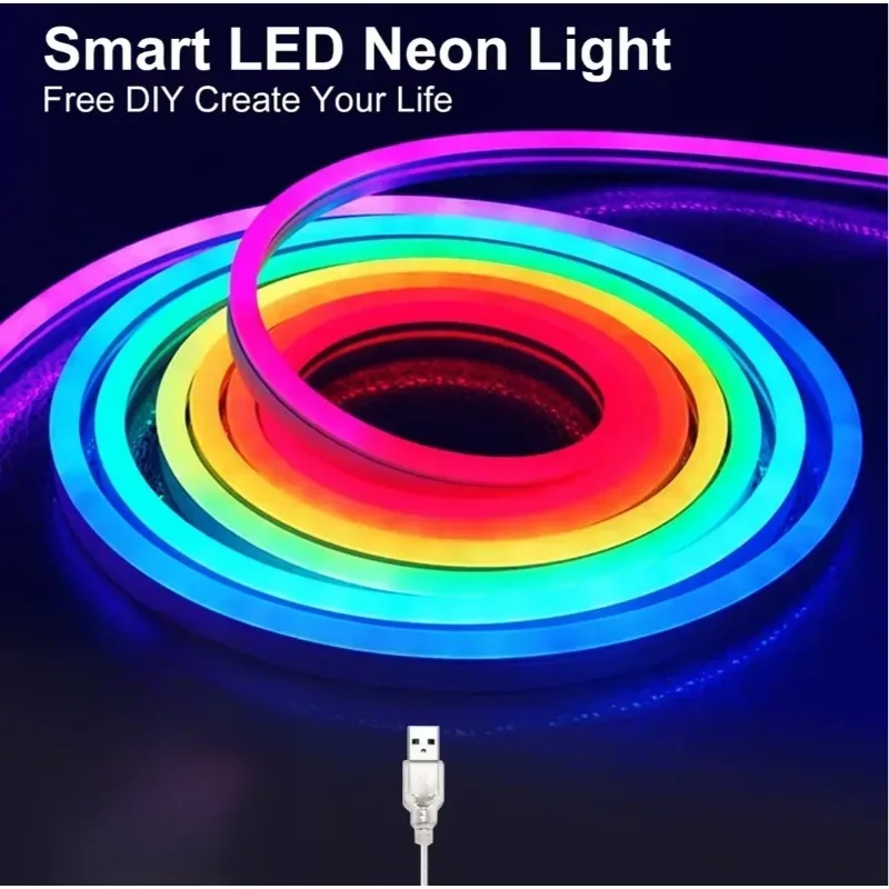 Neon LED Strip Light 1/2/3/5M Silicone Neon Rope Light Music Sync DIY APP Multicolor Chasing Strip Tape for Room Wall Decor