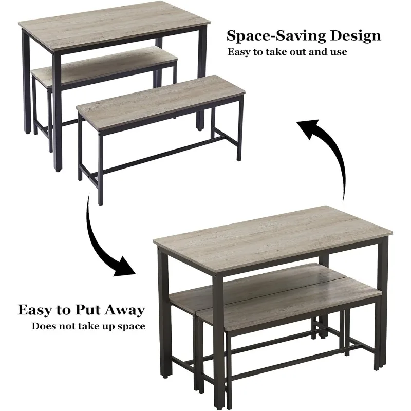 Dining Table Set for 4, Kitchen Room Table Set with 2 Benches, 3-Piece Dining Chairs Set for Breakfast Nook, Grey