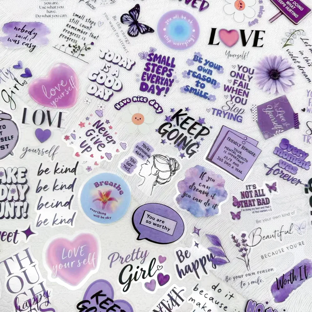 

50pcs Purple Positive Encouragement Transparent PET Stickers Decals For Laptop Notebook Guitar DIY Cartoon Aesthetic Stickers