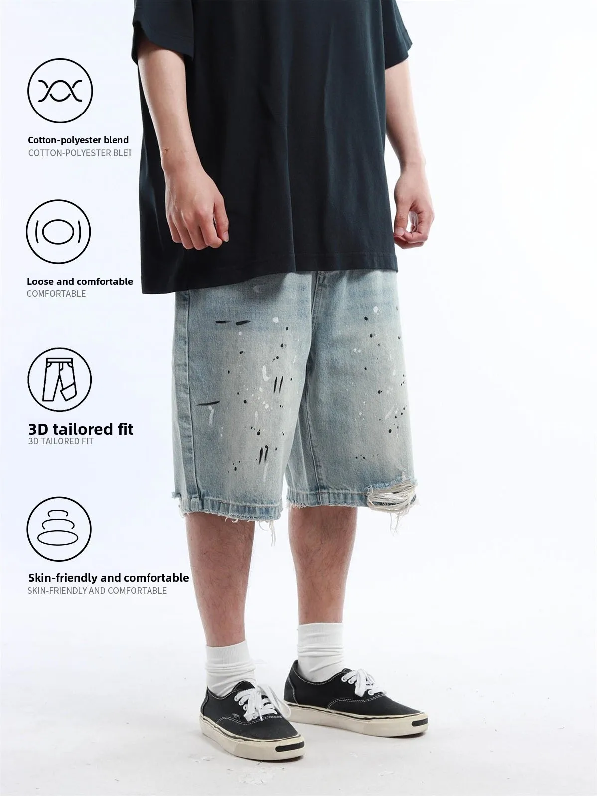 Retro American Dye Washed Cotton Denim Shorts Summer 2026 Men's Fashion Torn Hole Ice Blue Jeans Shorts Versatile Wear
