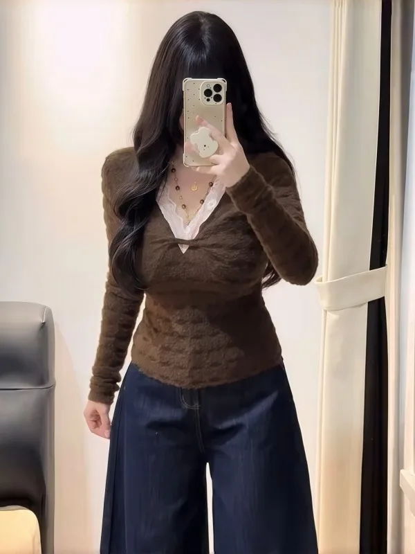 

Женский комплект из двух предметов: винтажная кружевная футболка с V-образным вырезом и облегающий топ для полных женщин, осенне-зимняя коллекция