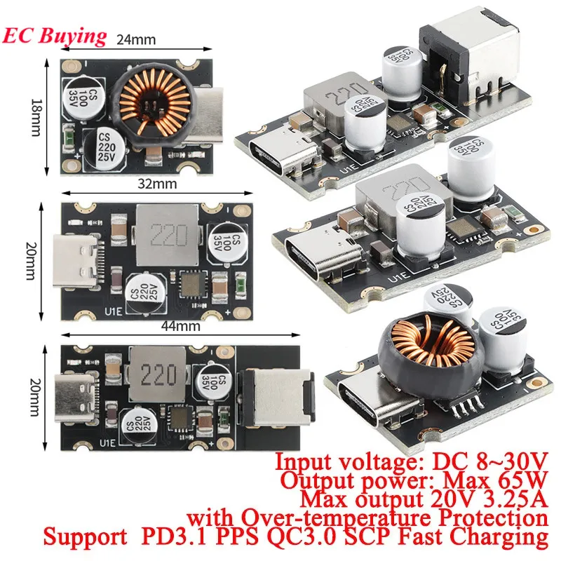 PD65W 65W Fast Charger Module DC 8-30V Buck Step Down Type-C Supports PD3.1 PPS QC3.0 SCP Fast Charging Board PCB 24W SCP/FCP
