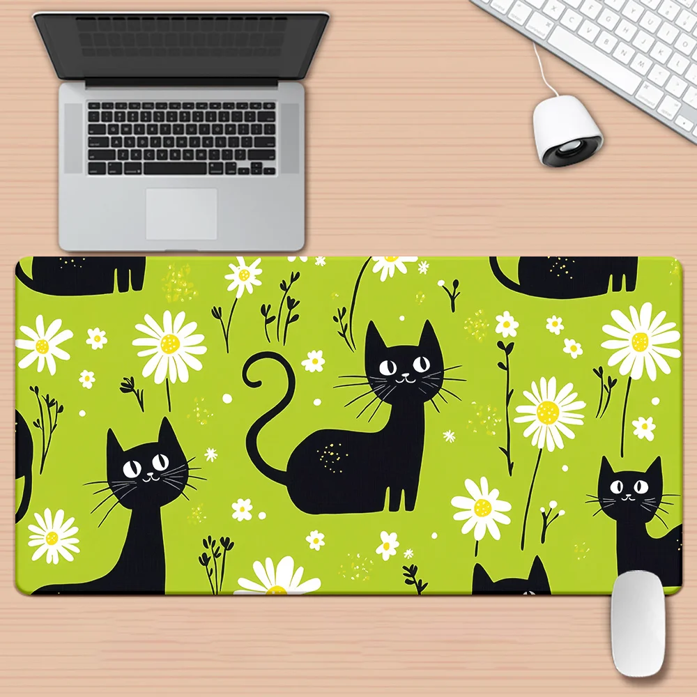 قطعة واحدة من لوحة ماوس XXL، مادة مطاطية غير قابلة للانزلاق، قطة كرتونية سوداء، زهرة خضراء، مطبوعة عالية الدقة، متعددة الوظائف، مع لوحة مفاتيح Gami