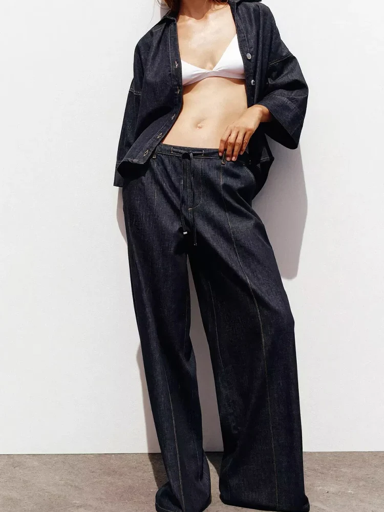 

Европейский и американский стиль, осенняя новая модная тенденция, женская одежда, джинсовая рубашка с широкими рукавами и лацканами, брючный костюм со средней талией