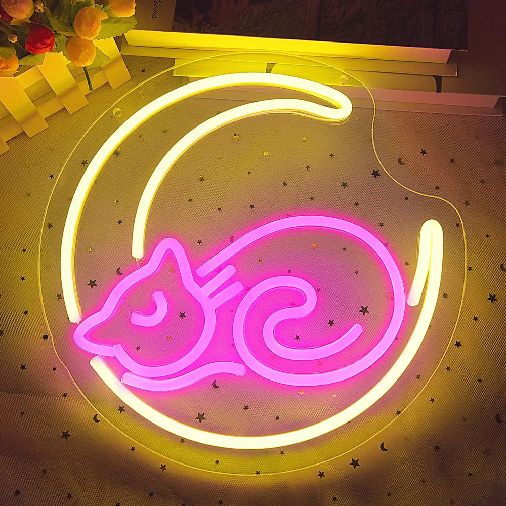Moon and Cat Neon Sign Magic Cat Moon Light Sign Anime Neon Sign Art Wall Decor Lights for Girls Room USB Powered Led Neon Sign