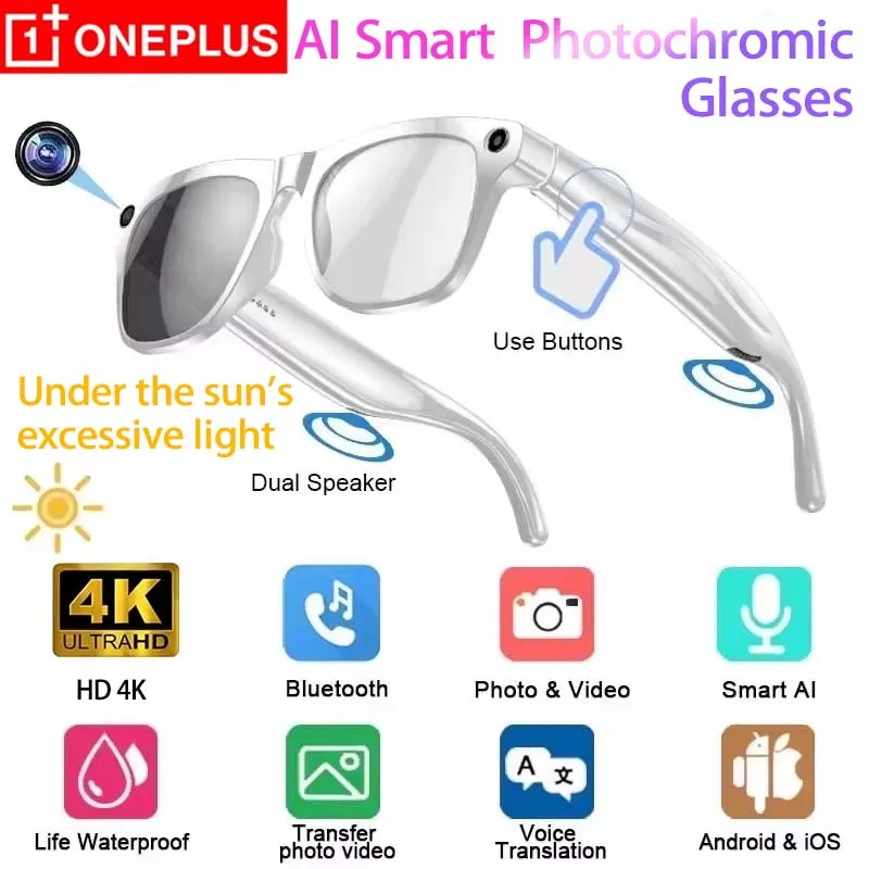 OnePlus 4K HD AI Smart Photochromic Glasses GPT Camera Bluetooth Call 260 Mah Battery Voice Assistant Control Smart Glasses