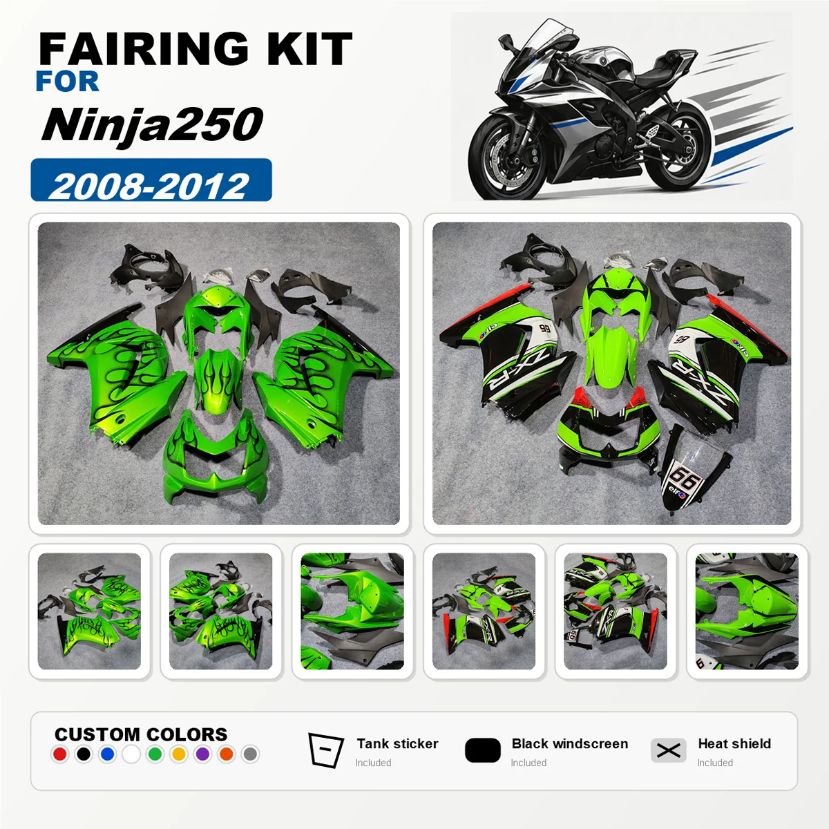 For Ninja250 2008-2012 Replacement Fairing Kit ABS Plastic Painted Fairings Bodywork Cowl Panels Custom Black Green Flame