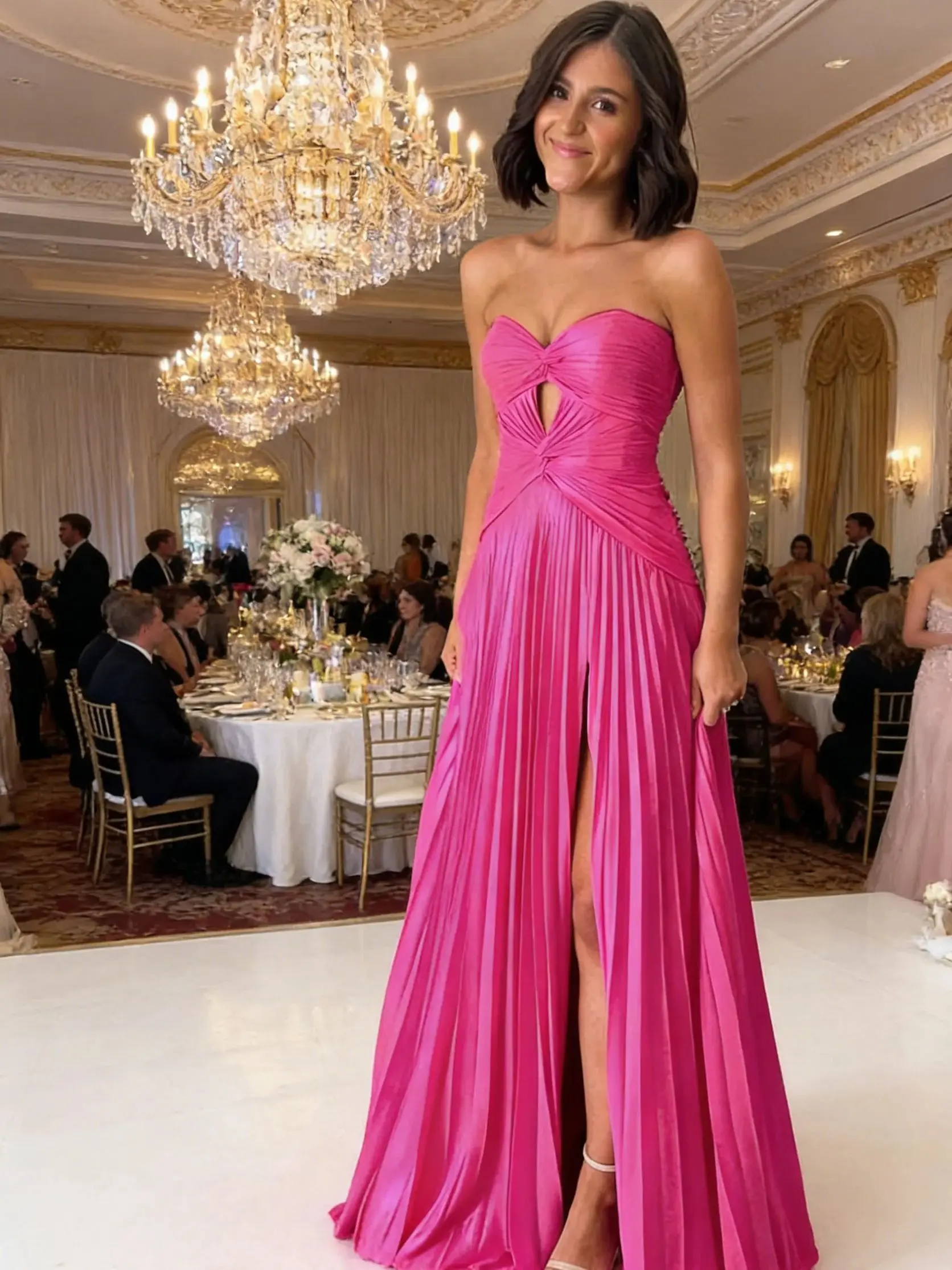 Sweetheart Hot Pink Keyhole Pleated A Line Prom Dress  Women Formal Evening Gown