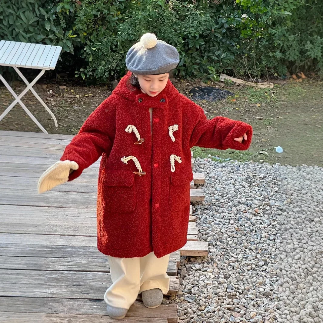 2024 Winter Girls' Red Medium to Long Fur Integrated Children's Hooded Bull Horn Button Coat