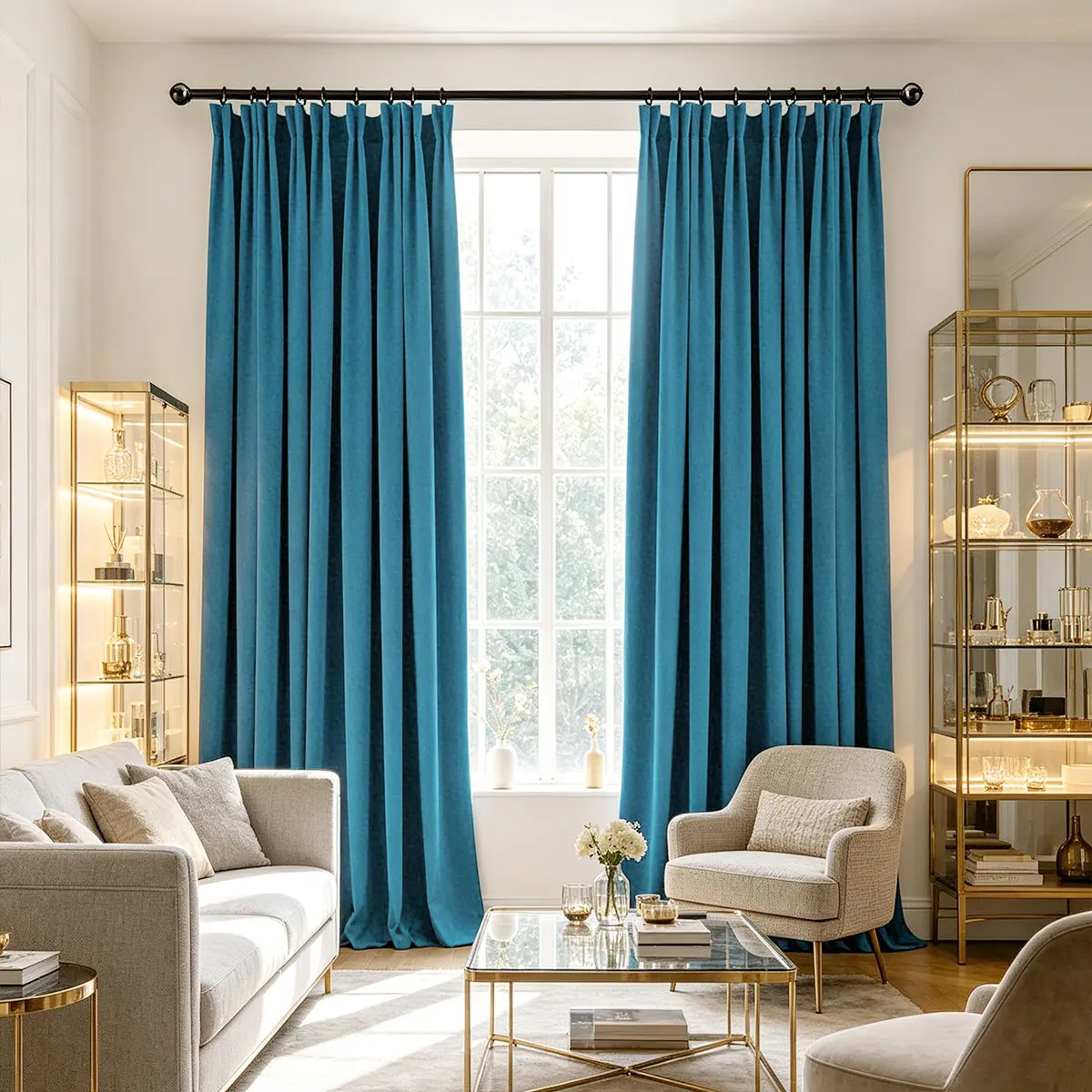 Peacock Blue Velvet Blackout Curtains 2‑Pack, Pinch Pleat Hook Top Drapes for Bedroom Living Room Home Decor