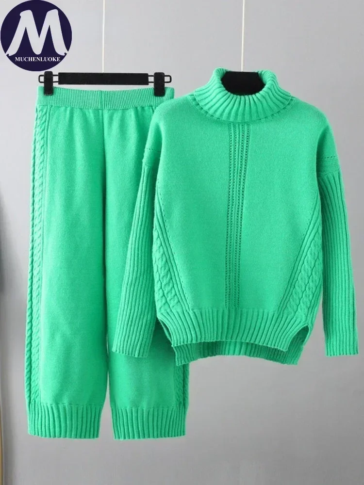 Damen-Set mit Rollkragen, Strickpullover und Mantel, lässig, locker, elastische Taille, weites Bein, Hose, 2-teiliges Herbst-Winter-Outfit