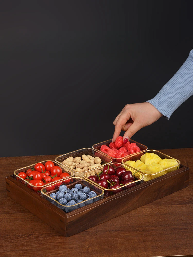 New Chinese light luxury solid wood dried fruit box with lid household living room candy fruit plate glass nut storage box