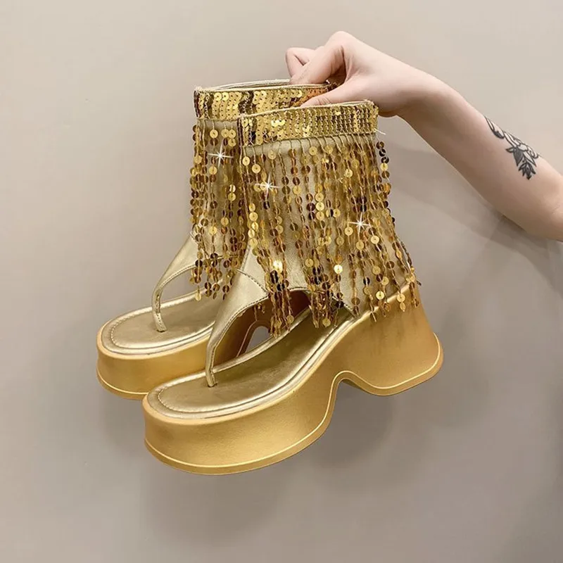 Summer Women Thick Soled Shoes Trend Roman Wedge Lady Cool Boots Sequin Tassel Flip Flops High Heels Slides Women Ankle Boots