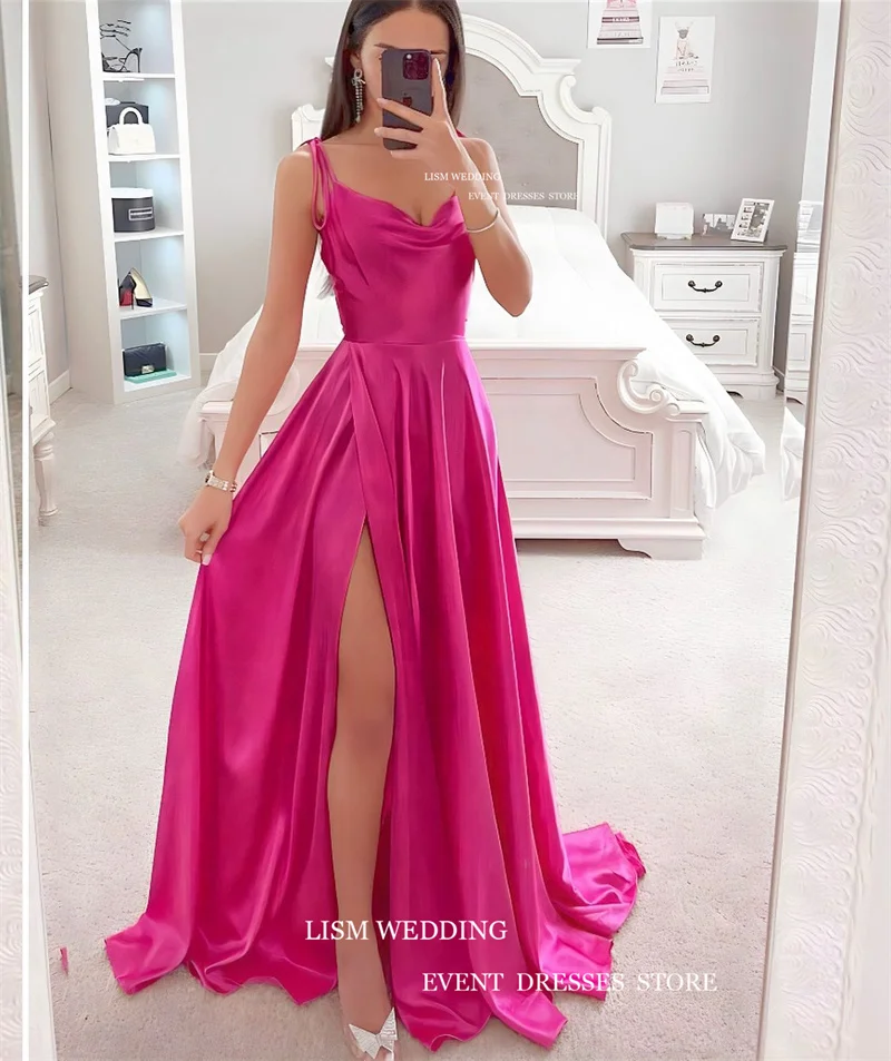 Lism sexy vermelho seda macio cetim vestidos de noite alta lado split com decote em v personalizado cinta de espaguete a linha formal vestido de festa