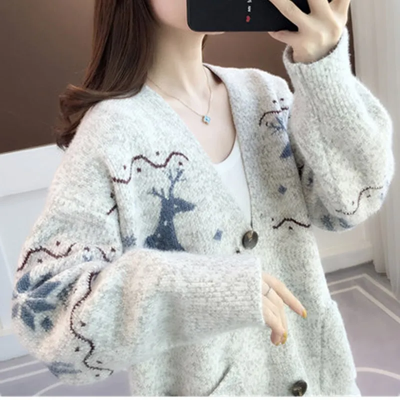 

Женский утепленный вязаный кардиган из норки, осенне-зимняя новинка, большие размеры, модная верхняя одежда с V-образным вырезом и длинными рукавами