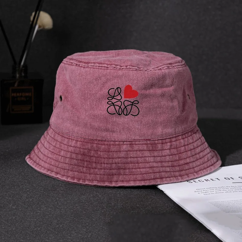 Bucket Hat for Men Washed Distressed with Heart Line Art Graphic Logo Unisex Cotton Fisherman Cap Streetwear Hip Hop Sun Hats