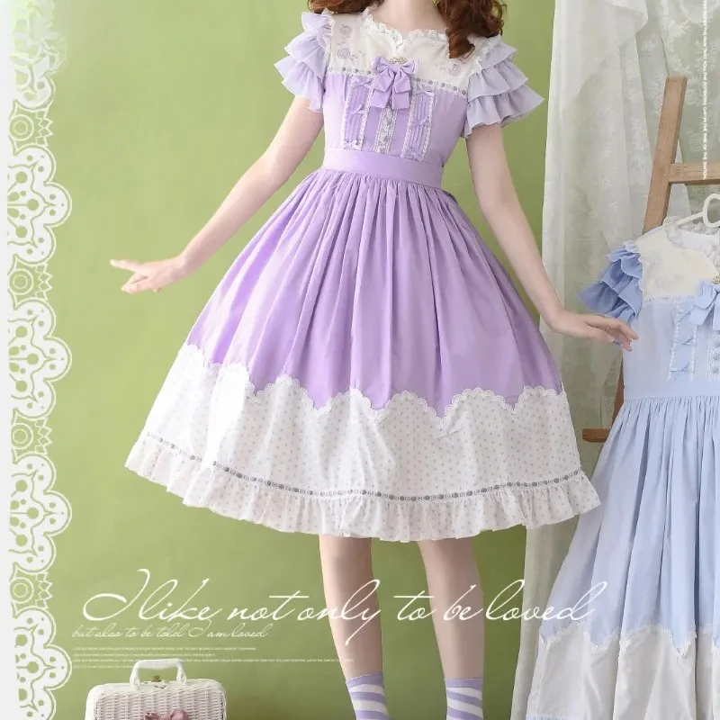 Vestido Sweet Lolita Vestido midi informal bordado de algodón con lunares y manga corta en capas de Strawberry Witch 2025 Spring bb