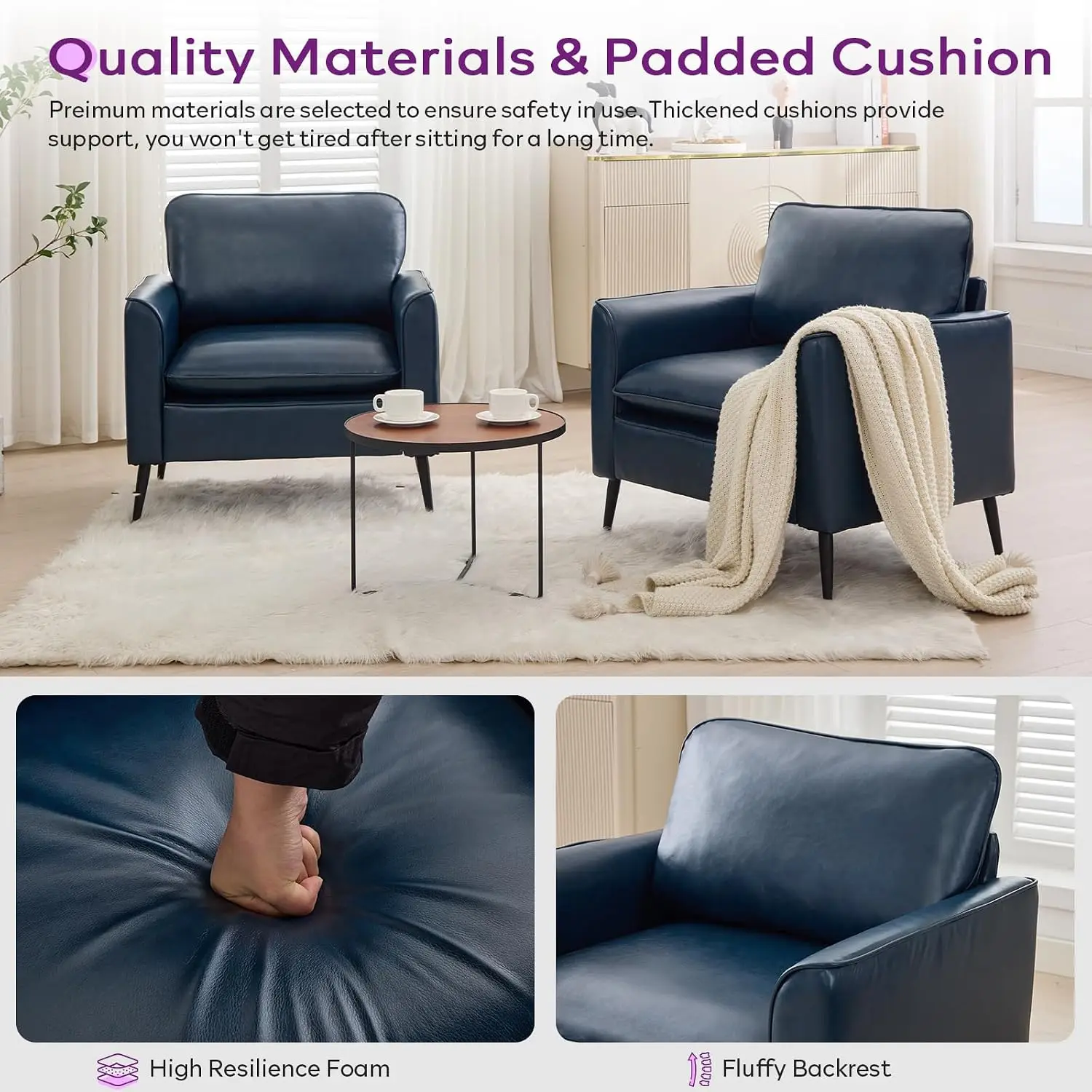 Faux Leather Accent Chair, Office Armchairs with Metal Legs (Blue, 1)