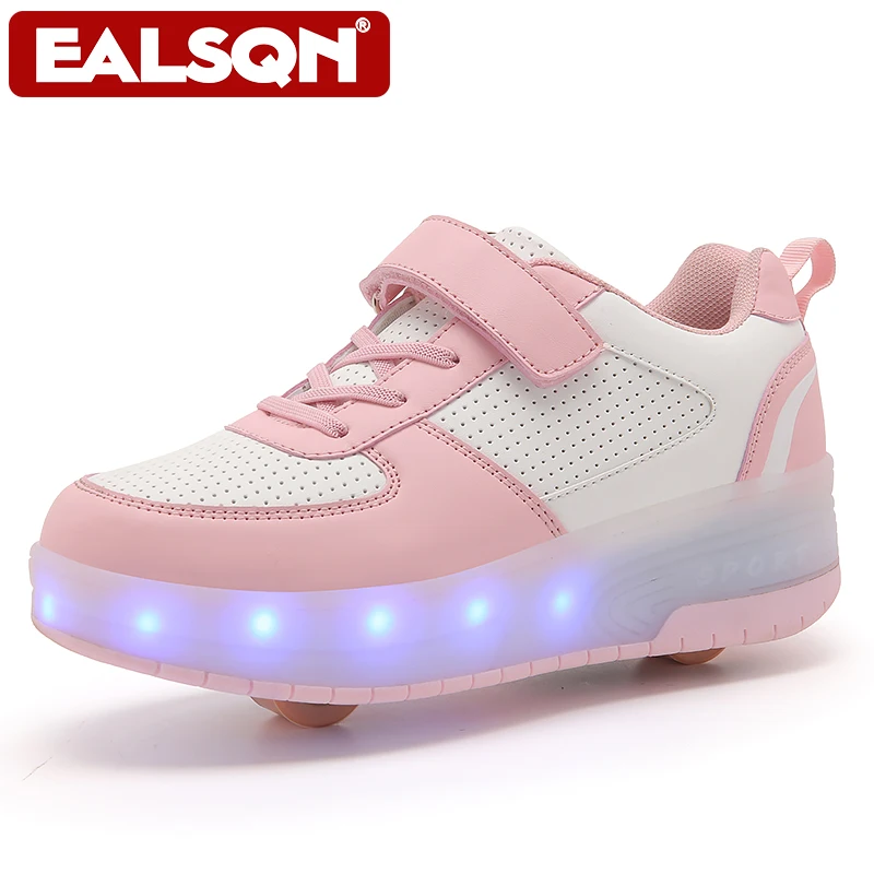 Children’s Two Wheels Luminous Glowing Sneakers Heels Pink Led Light Roller Skate Shoes Kids Led Shoes Boys Girls USB Charging