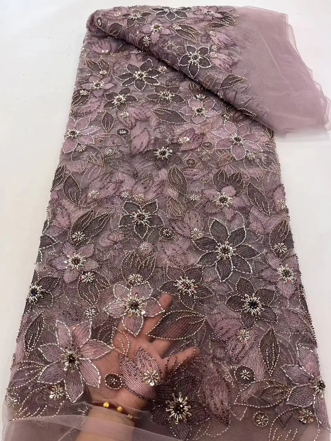 

5Yards Beaded Lace Fabric French Tulle Embroidery Lace High Quality African Sequins Beads Fabric For Women Wedding Dresses