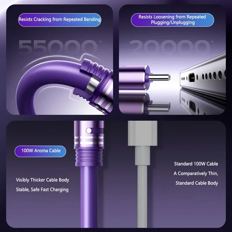 100W Fast Charging Data Cable Liquid Silicone Material With Ambient Light Type-C To C Port Data Cable For iPhone 17 16 Xiaomi
